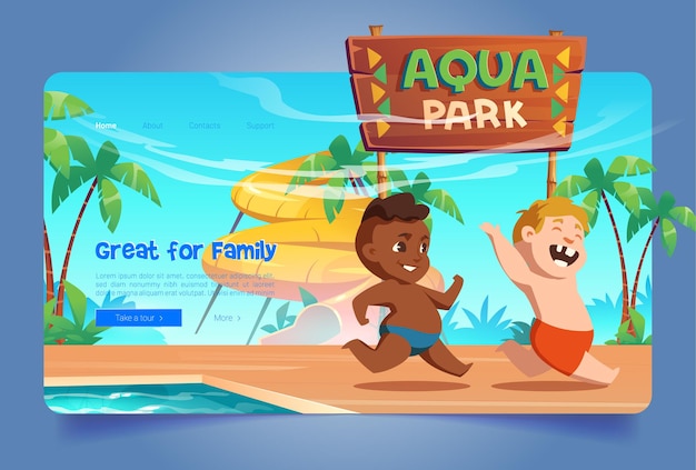 Página de destino do desenho animado do aquapark crianças brincando no parque aquático de diversões com atrações aquáticas meninos correm perto de escorregadores e piscina reservam um serviço de ingressos para entretenimento infantil web banner