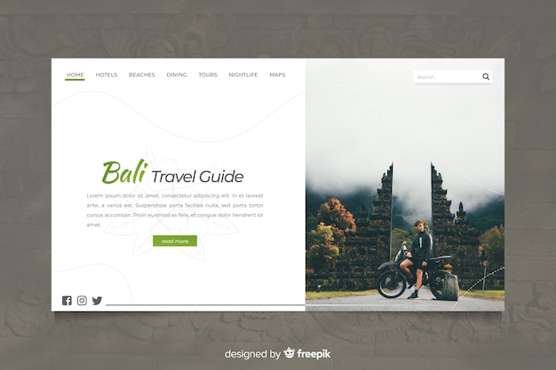 Página de destino do guia de viagem de Bali com foto