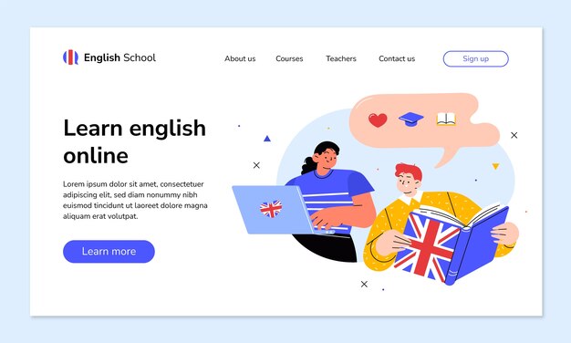 Página de destino do livro em inglês de design plano