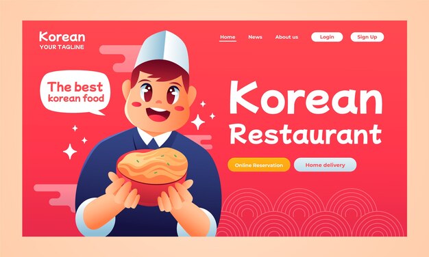 Página de destino do restaurante coreano desenhado à mão
