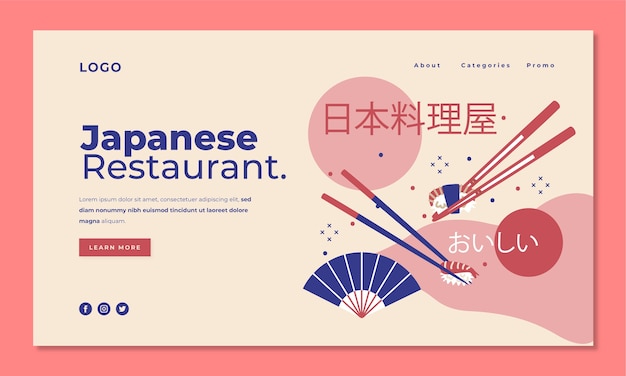 Vetor grátis página de destino do restaurante japonês de design plano