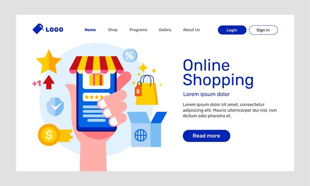 Página de destino do site de comércio eletrônico de design plano