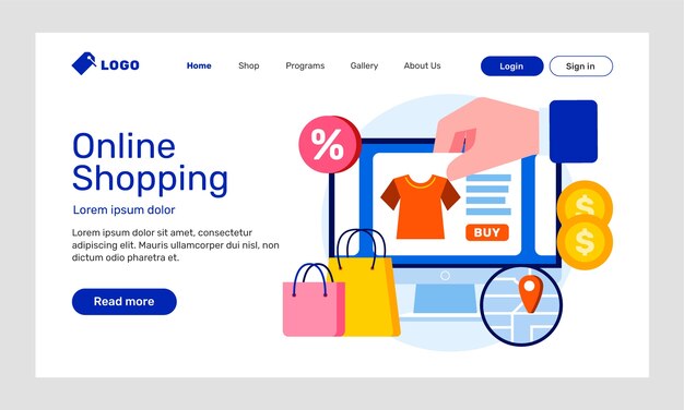 Página de destino do site de comércio eletrônico de design plano