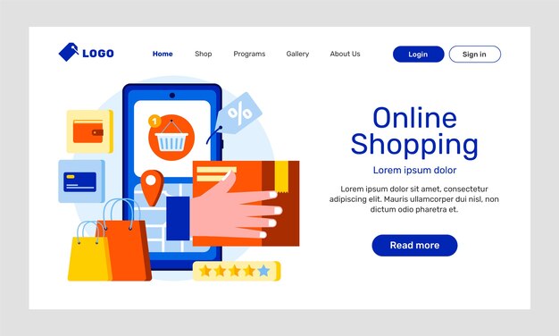 Página de destino do site de comércio eletrônico de design plano