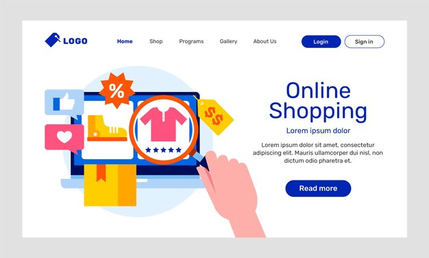 Página de destino do site de comércio eletrônico de design plano