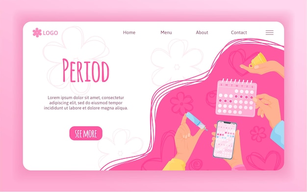 Vetor grátis página de destino do site plano de higiene do período menstrual com aplicativo de smartphone nas mãos, links clicáveis e ilustração vetorial de botões