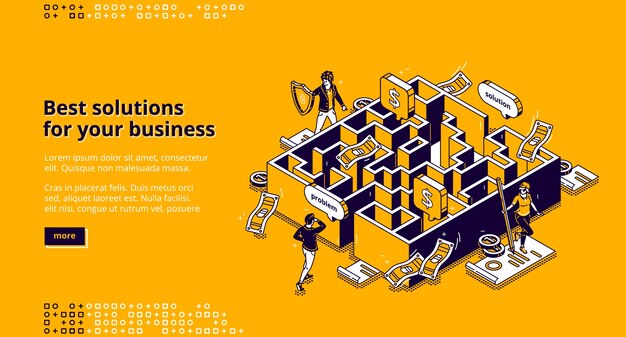 Página de destino isométrica das melhores soluções de negócios, empresário procurando uma maneira de resolver o problema através do labirinto, labirinto de passagem do funcionário, superação do desafio, objetivo de alcançar 3d line art web banner