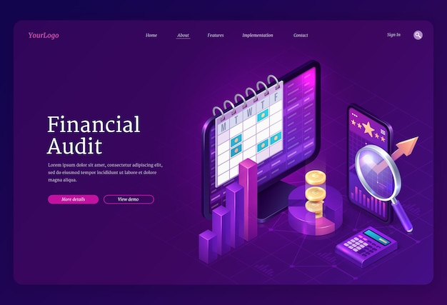 Vetor grátis página de destino isométrica de auditoria financeira