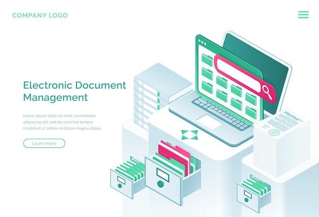 Página de destino isométrica de gerenciamento de documentos eletrônicos