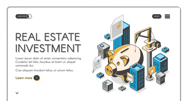 Página de destino isométrica de investimento imobiliário