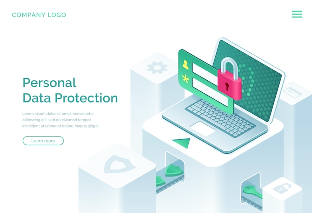 Página de destino isométrica de proteção de dados pessoais
