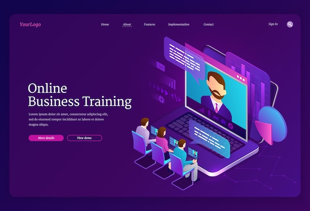 Vetor grátis página de destino isométrica de treinamento de negócios online