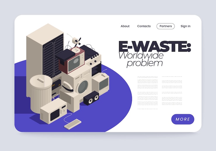 Vetor grátis página de destino isométrica do site de gerenciamento de lixo eletrônico com links de botão clicáveis e ilustração vetorial de eletrodomésticos quebrados