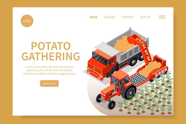 Vetor grátis página de destino isométrica do site de produção de batatas fritas com texto editável de máquinas de plantação e ilustração vetorial de links clicáveis