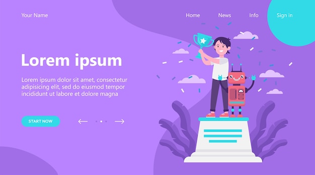 Vetor grátis página inicial, concurso de robótica de criança em idade escolar. criança e robô de pé no pódio de vencedores e segurando a taça. ilustração em vetor plana para programação, engenharia, conceitos de sucesso