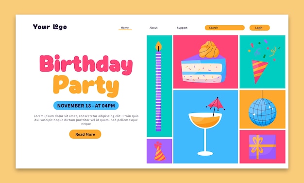 Vetor grátis página inicial da festa de aniversário com design plano