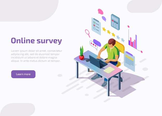 Página inicial da pesquisa online com caracteres isométricos. homem preenchendo o formulário do questionário, classificação por estrelas, marca de seleção na lista no laptop. tecnologia de internet do serviço de feedback, conceito de satisfação do cliente.