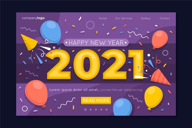 Página inicial de ano novo em design plano