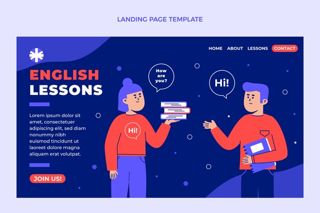 Página inicial de aulas de inglês de design plano