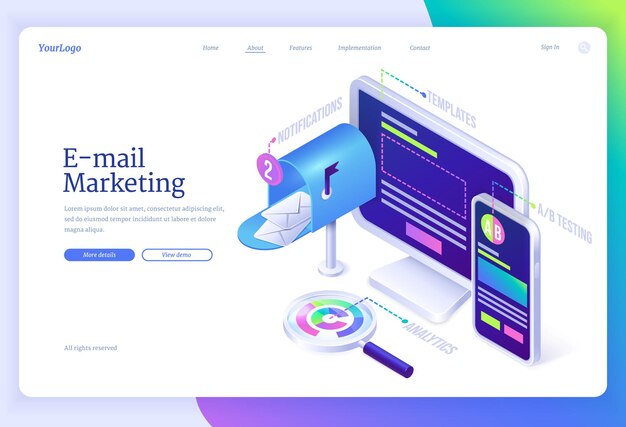 Página inicial de marketing por email em vista isométrica