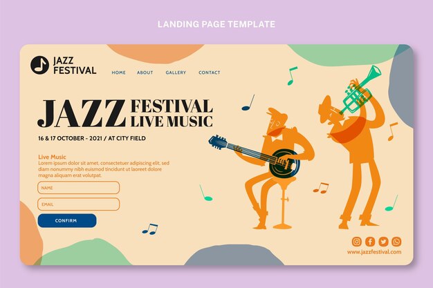 Página inicial do festival de música colorida desenhada à mão