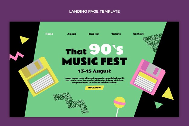 Página inicial do festival de música dos anos 90 de design plano