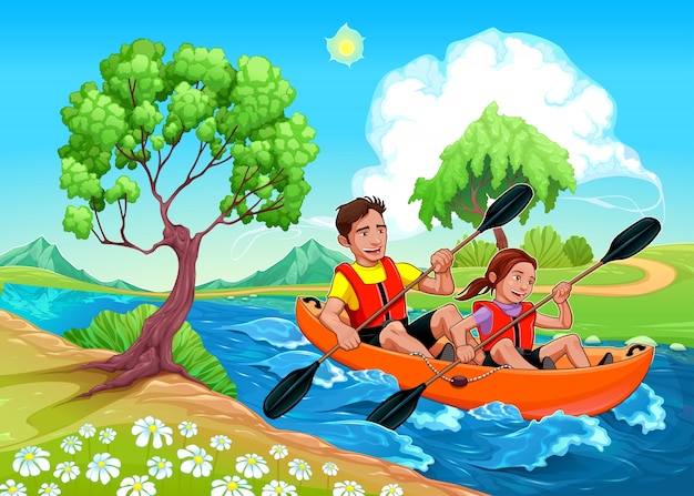 Pai e filha no caiaque no rio Vector ilustração dos desenhos animados
