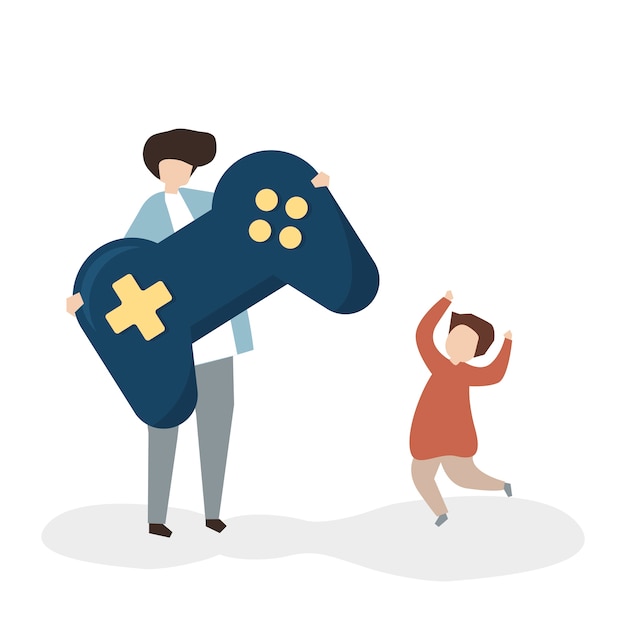 Pai e filho com um controle de jogo