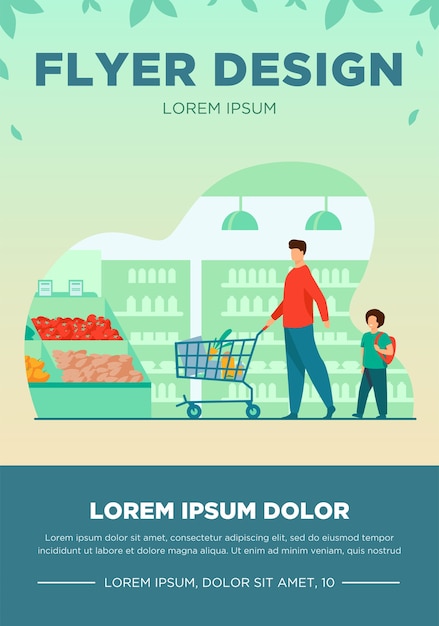 Pai e filho comprando comida no supermercado. jovem e menino girando o carrinho de compras com comida ao longo dos corredores do supermercado. ilustração vetorial para mercado, varejo, compradores, conceito de clientes