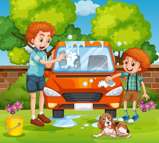 Pai e filho lavando carro no quintal