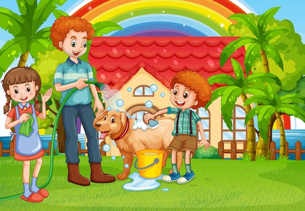 Vetor grátis pai e filhos dando banho no cachorro