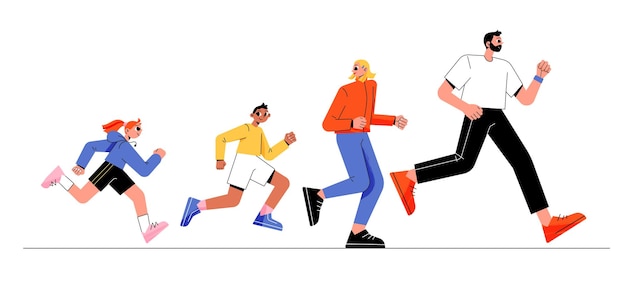 Pais de maratona familiar e crianças correndo