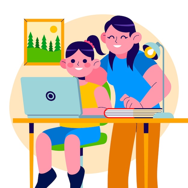Vetor grátis pais desenhados à mão ajudando crianças com ilustração de lição de casa