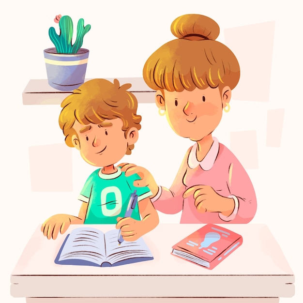Vetor grátis pais em aquarela ajudando crianças com ilustração de lição de casa