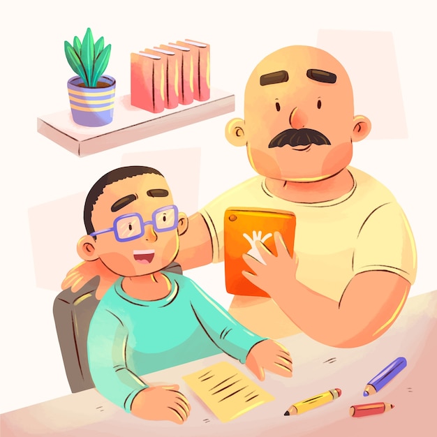 Pais em aquarela ajudando crianças com ilustração de lição de casa