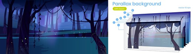 Paisagem 2d de floresta noturna de fundo paralaxe