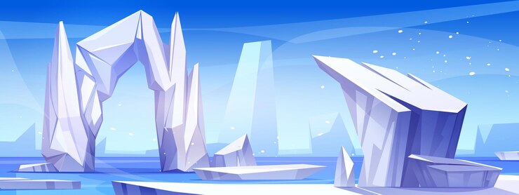 Vetor grátis paisagem antártica com icebergs e flocos na superfície do mar ilustração de desenhos animados vetoriais de grandes pedaços de gelo flutuando na água do oceano blocos de gelo rochosos e neve de arco congelado caindo do céu azul