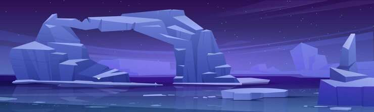 Vetor grátis paisagem ártica com iceberg derretendo e geleiras no mar à noite