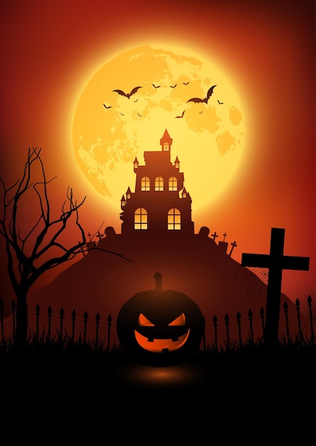 paisagem assustador de Halloween com cemitério e morcegos