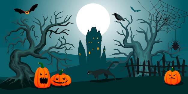 Paisagem assustadora da noite de Halloween com árvores assustadoras, abóboras de gato preto, castelo velho e lua cheia no fundo ilustração vetorial plana