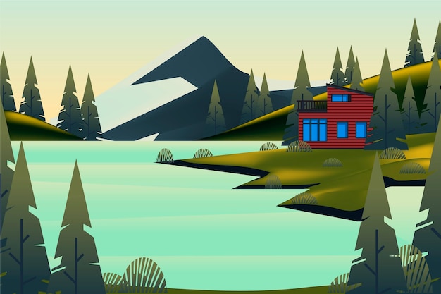 Vetor grátis paisagem campestre com montanha e casa