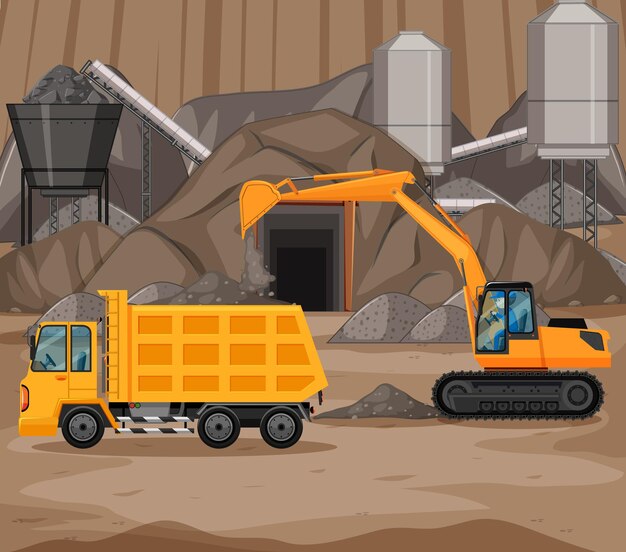 Paisagem da cena de mineração de carvão com guindaste e caminhões