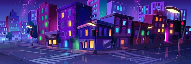 Paisagem da cidade com casas na chuva à noite