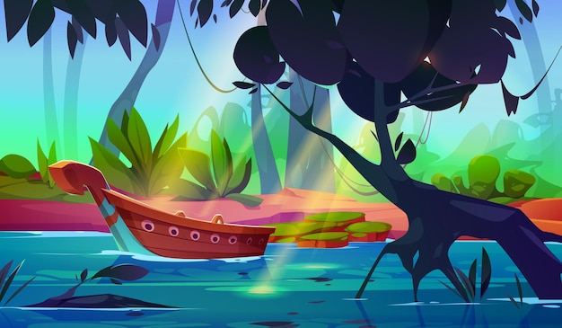 Vetor grátis paisagem da floresta da selva com rio e barco