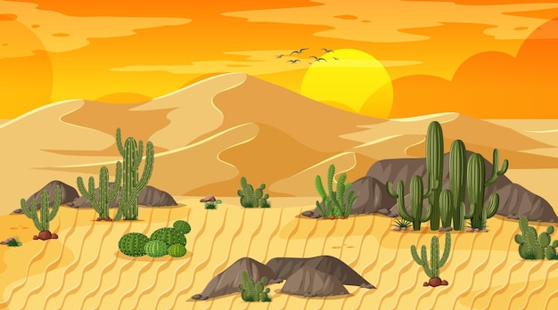 Vetor grátis paisagem da floresta do deserto com cena do pôr do sol com oásis