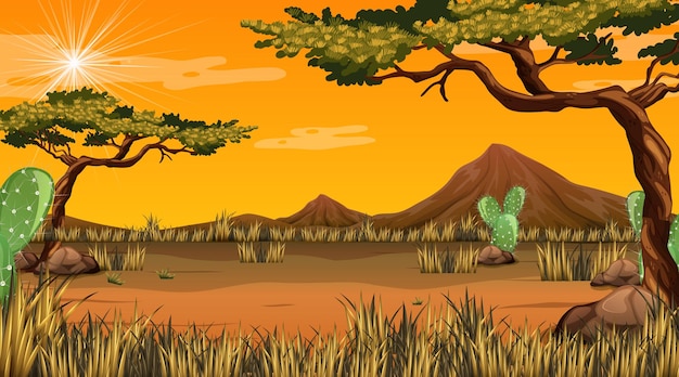 Vetor grátis paisagem da floresta do deserto com cena do pôr do sol