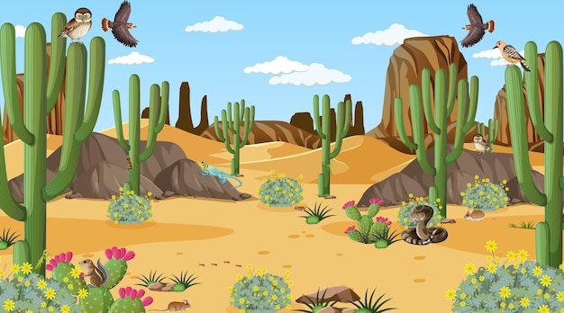 Vetor grátis paisagem da floresta do deserto em cena diurna com animais e plantas do deserto