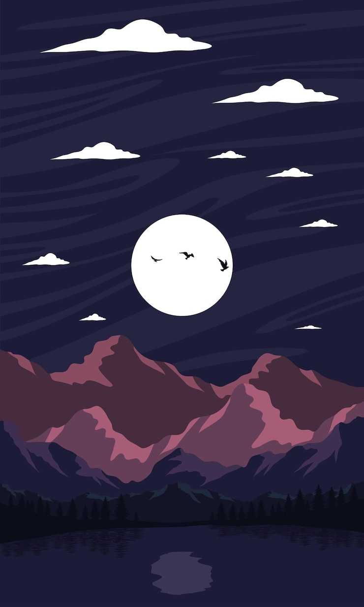 Vetor grátis paisagem da lagoa na noite de lua, conceito
