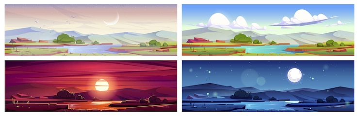 Vetor grátis paisagem da natureza dos desenhos animados no início da manhã, dia, pôr do sol e noite, campo verde com grama de lagoa, rochas, cenários pitorescos, cenas tranquilas naturais, conjunto de ilustração vetorial