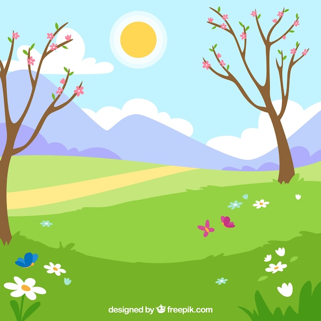 Vetor grátis paisagem da primavera com duas árvores